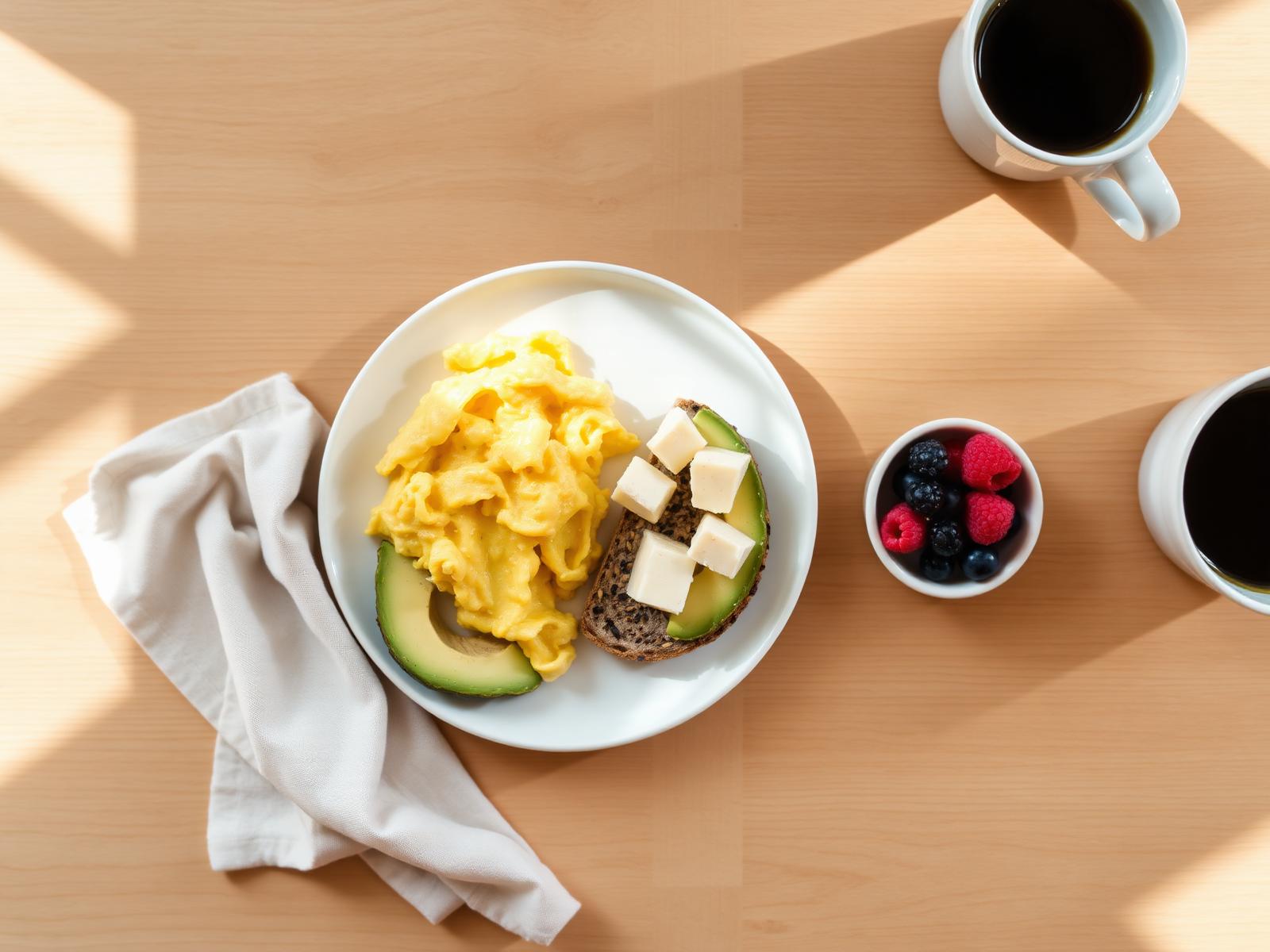 LCHF frukost med ägg, avokado, LCHF-bröd, ost, bär och kaffe på ljust träbord