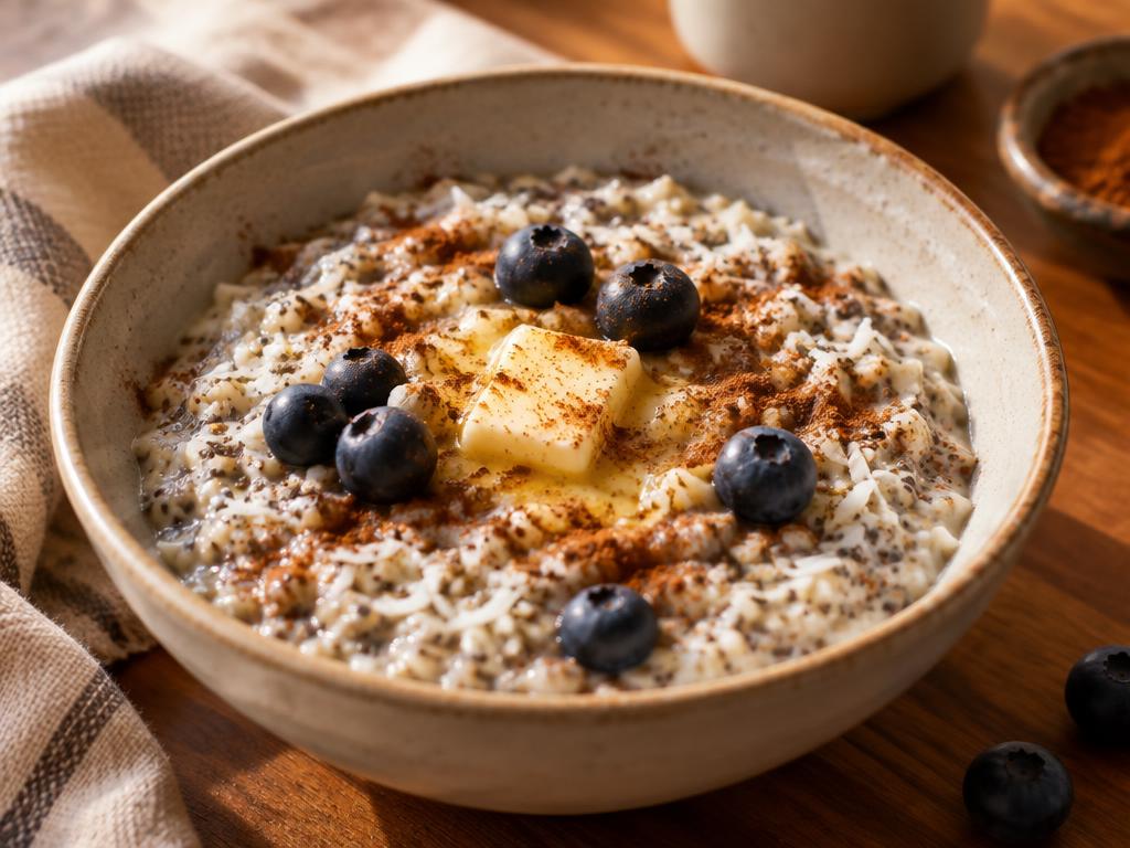 LCHF gröt på frön och kokos med smörklick, kanel och blåbär