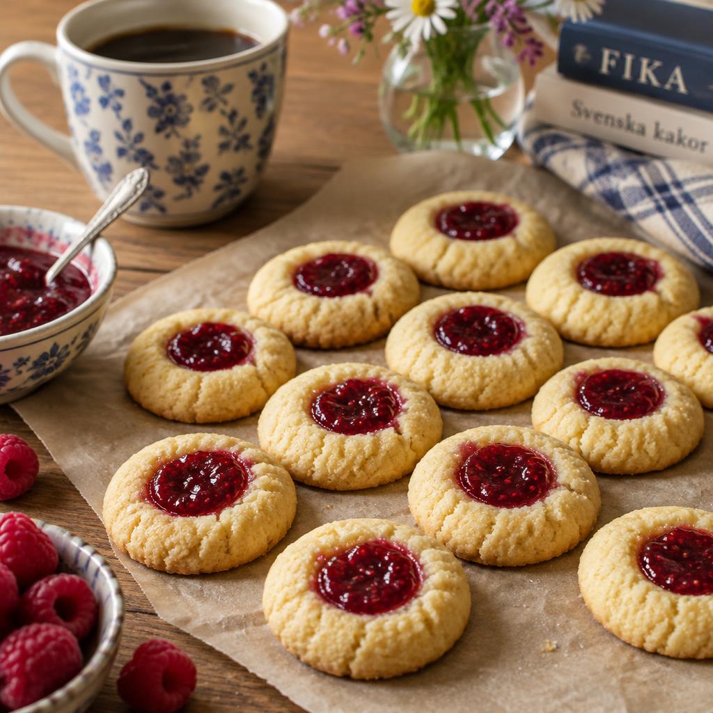 Hallongrottor med hallonsylt på bakplåtspapper bredvid kaffekopp