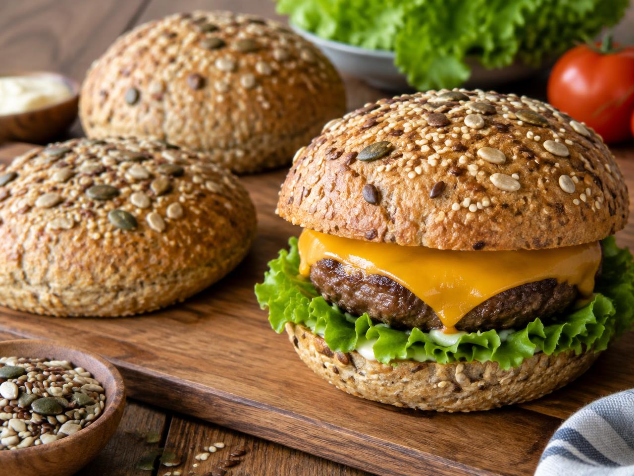 LCHF hamburgerbröd med frön, ett med burgare, ost och sallad