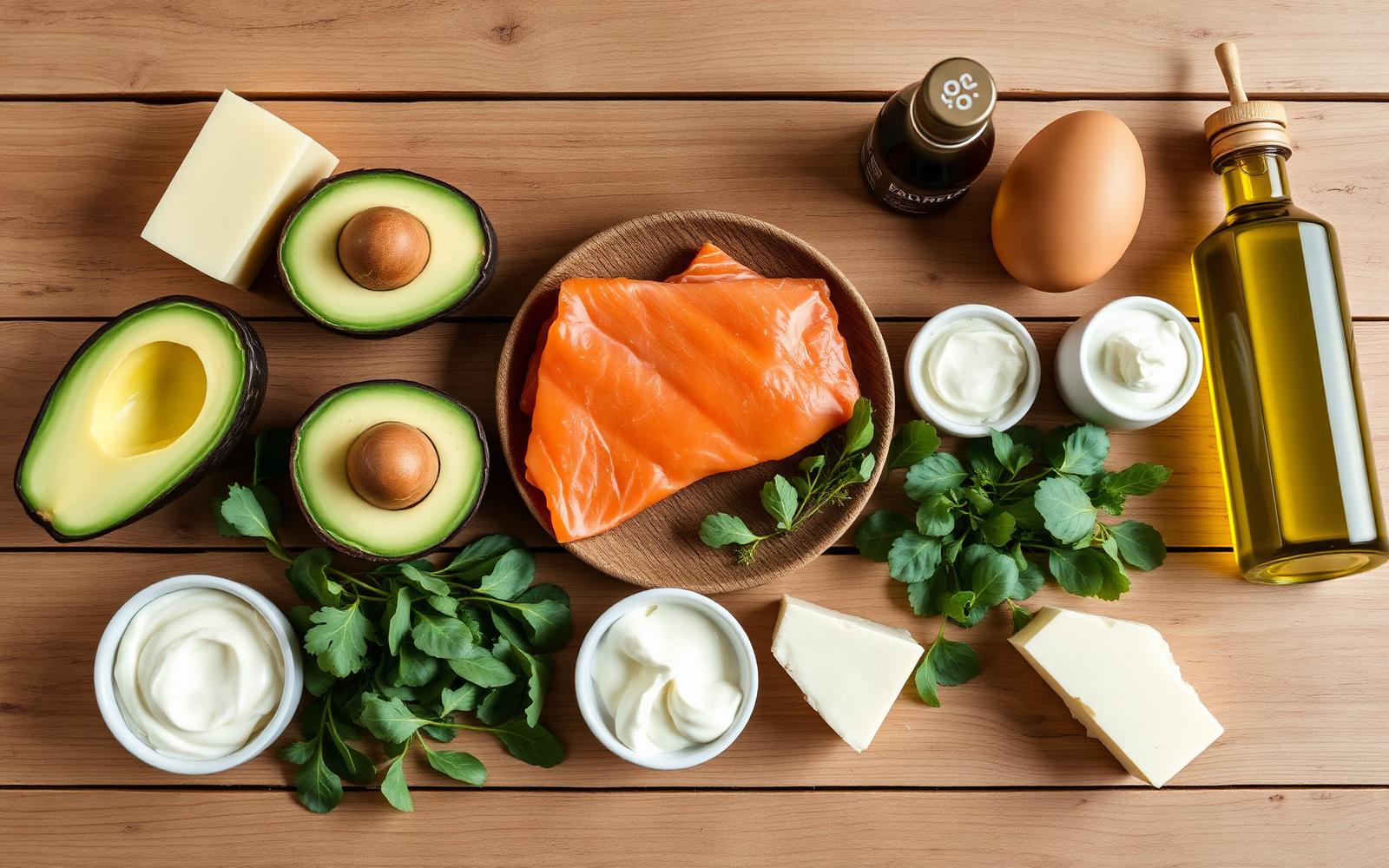 LCHF-råvaror ovanifrån: smör, ägg, avokado, lax, ostar, olivolja och gröna blad