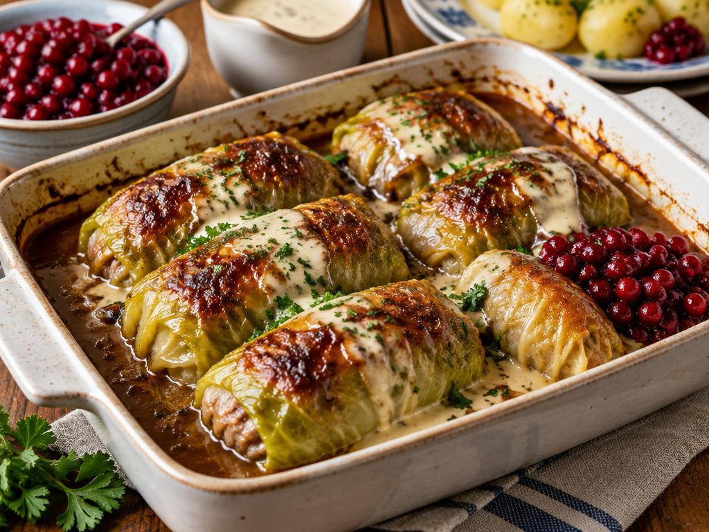 LCHF kåldolmar i ugnsform med gräddsås och lingon