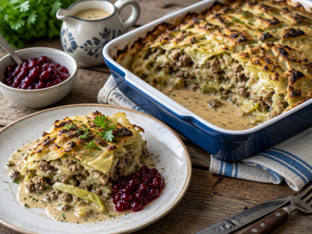 LCHF kålpudding i ugnsform med gräddsås och lingon