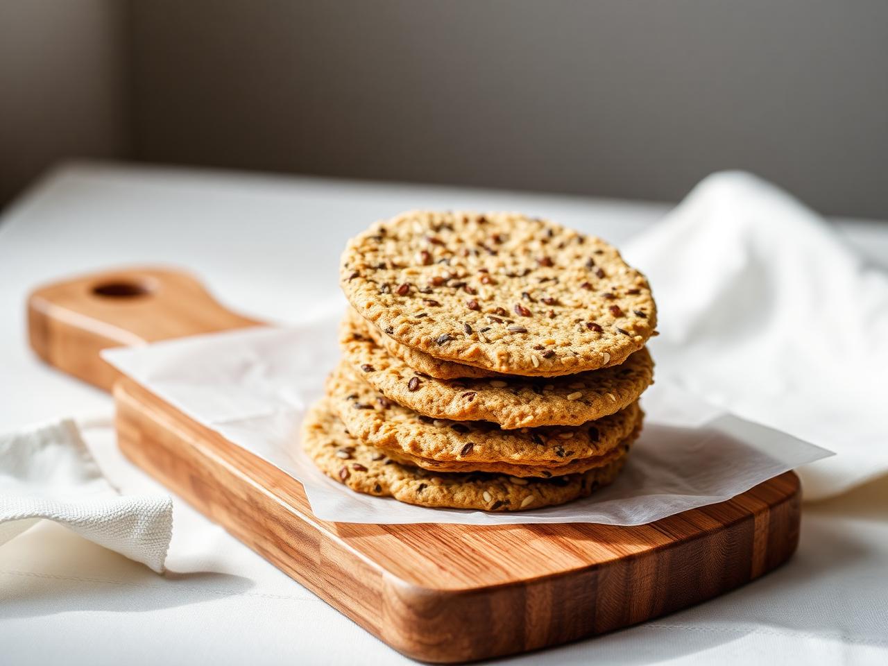 Sprött LCHF knäckebröd med solrosfrön, sesamfrön och linfrön staplat på träbräda