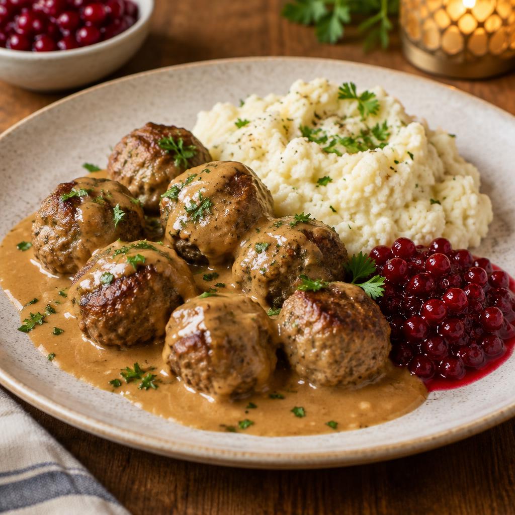 LCHF köttbullar i gräddsås med blomkålsmos och lingon på tallrik