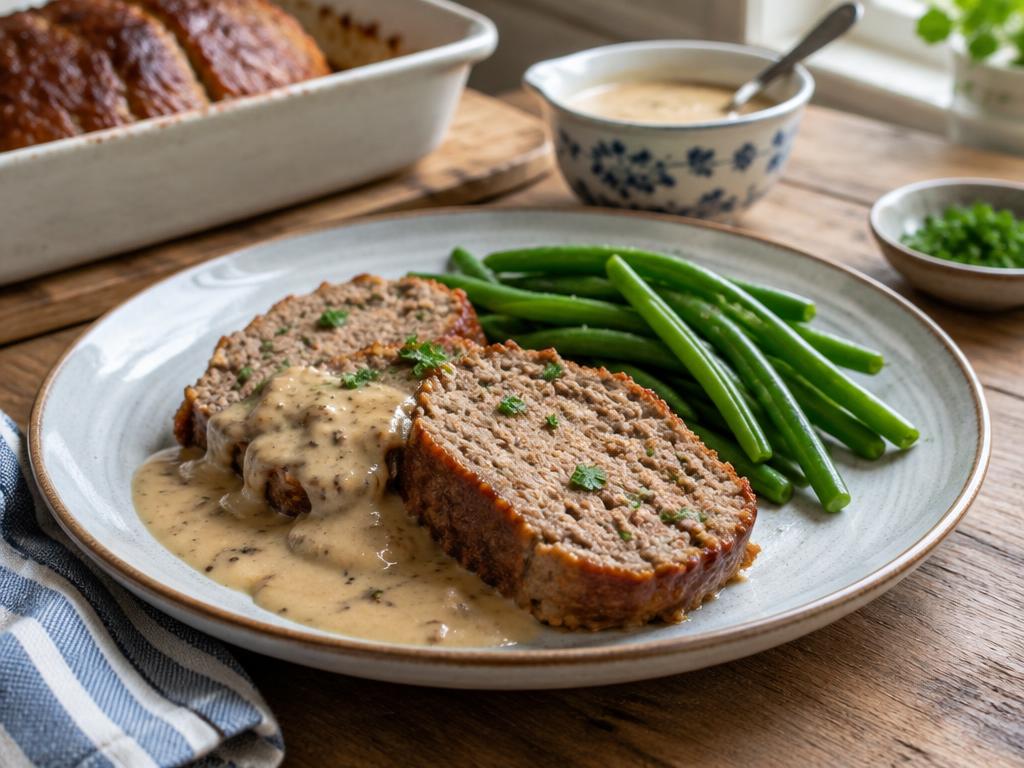 Skivad köttfärslimpa med gräddsås och haricots verts på tallrik