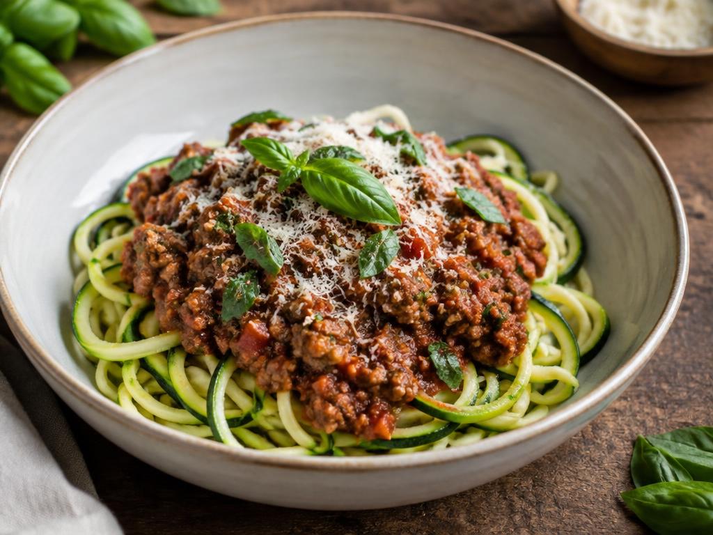 LCHF köttfärssås på zucchinispaghetti med parmesan och basilika