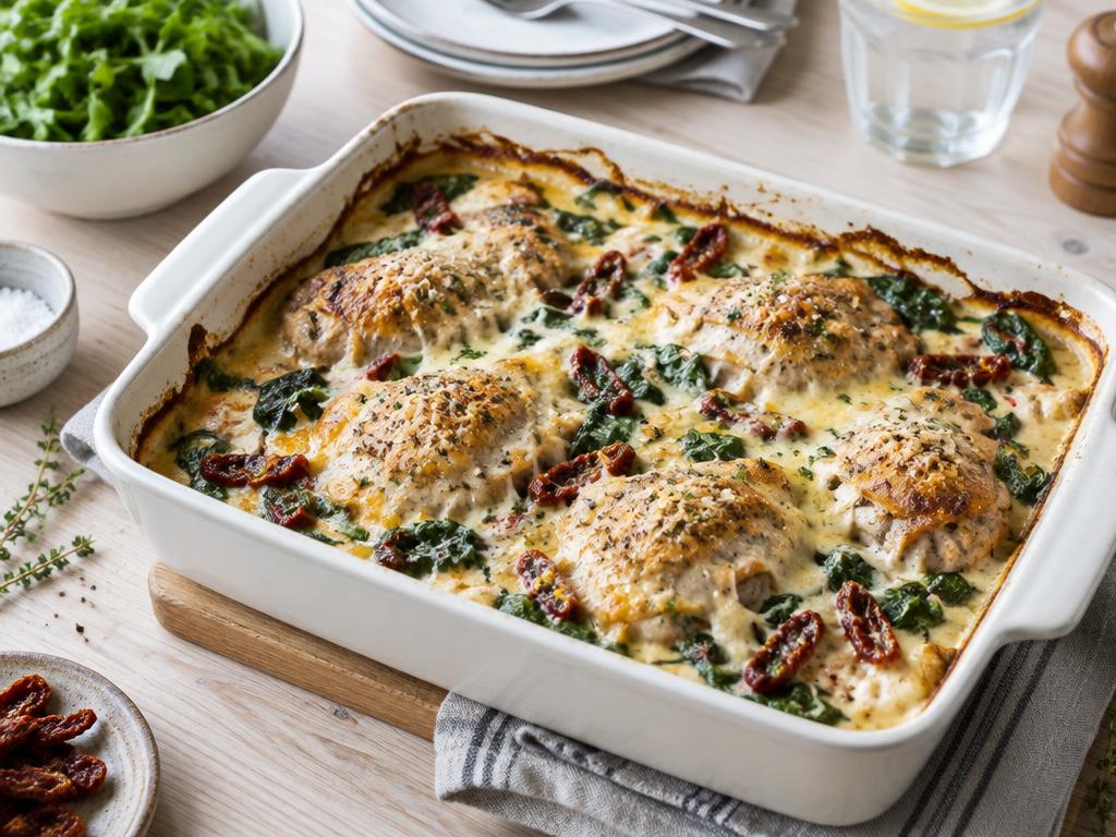 Kycklinggratäng med soltorkade tomater och spenat i vit ugnsform