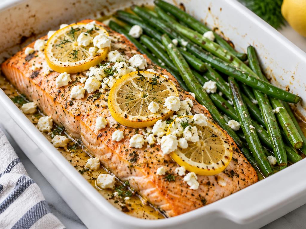 Ugnsbakad laxfilé med fetaost, citronskivor och haricots verts
