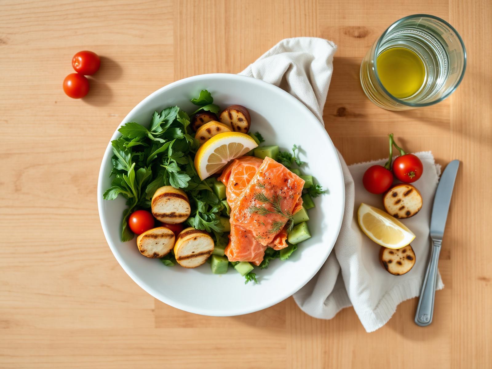 LCHF lunch med krämig laxsallad, avokado, gröna blad, citron och olivolja på ljust träbord