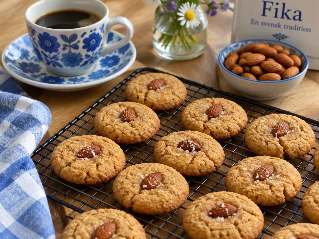 LCHF mandelkakor på galler med kaffe i bakgrunden