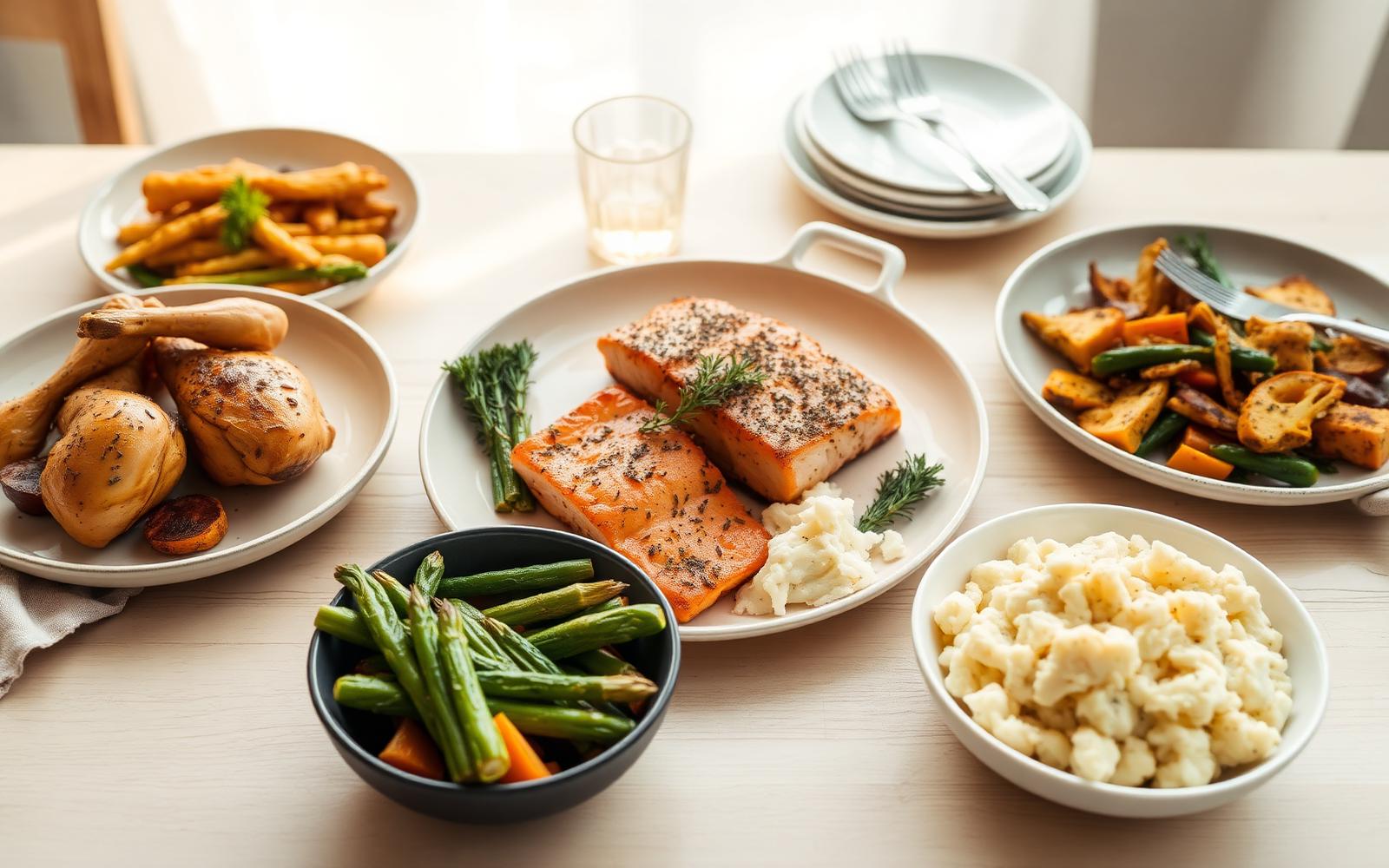 LCHF middag för familjen – kyckling, lax, smörstekta grönsaker och blomkålsmos