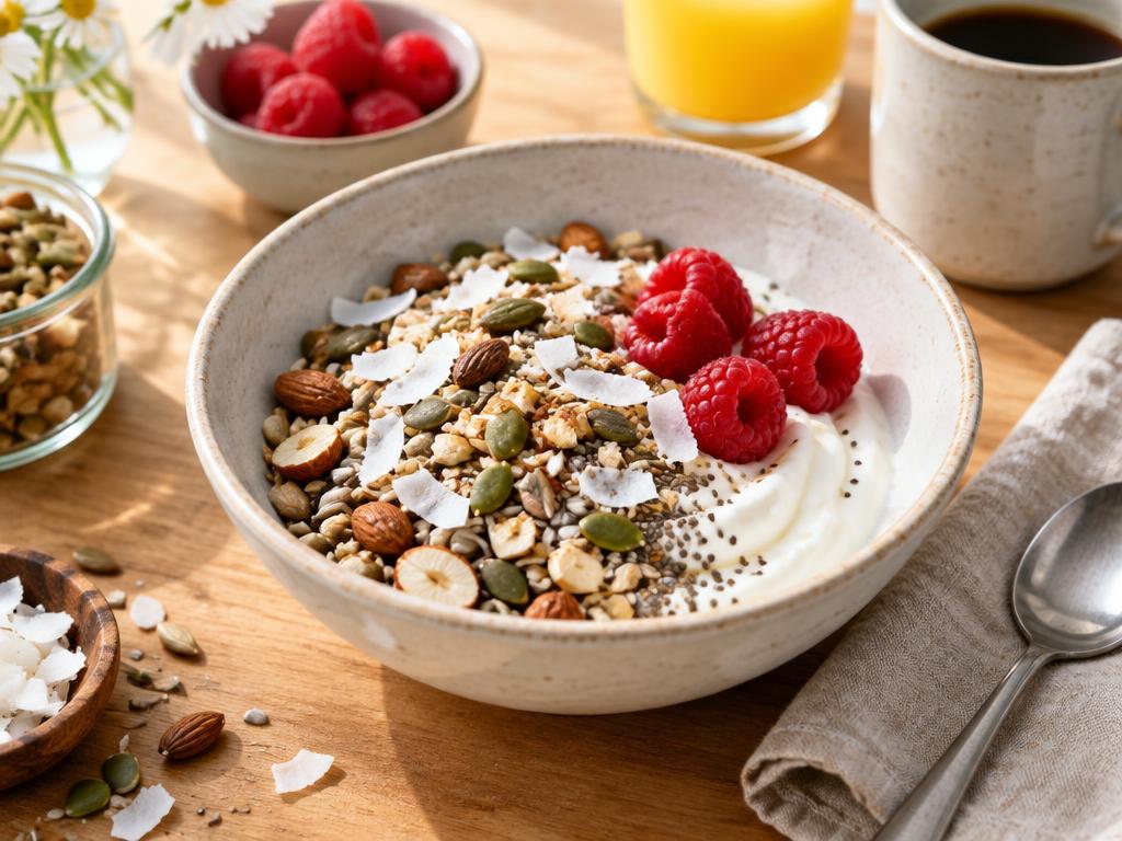 LCHF müsli med nötter, frön och kokos i skål med yoghurt och hallon