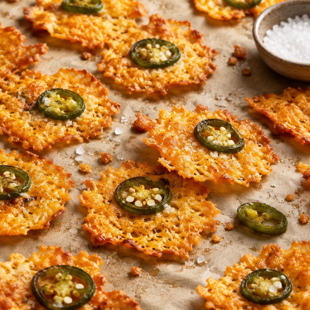Gyllene ostchips med jalapeñoskivor och havssalt på bakplåtspapper