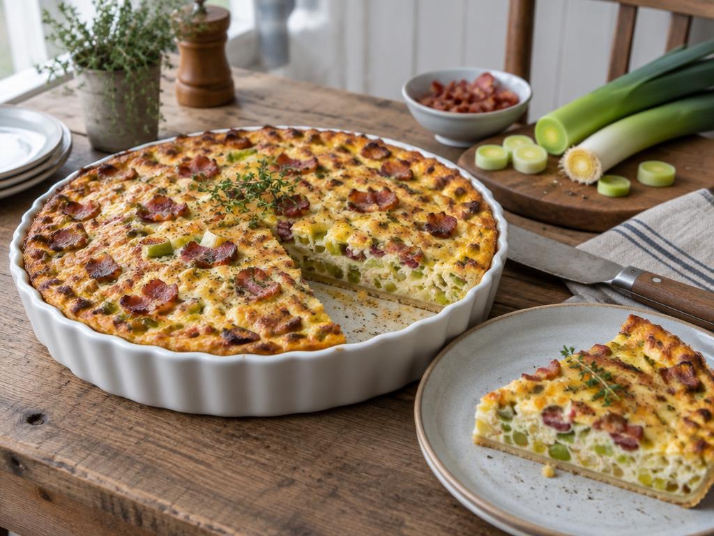 LCHF paj med bacon och purjolök i vit pajform med en bit på tallrik