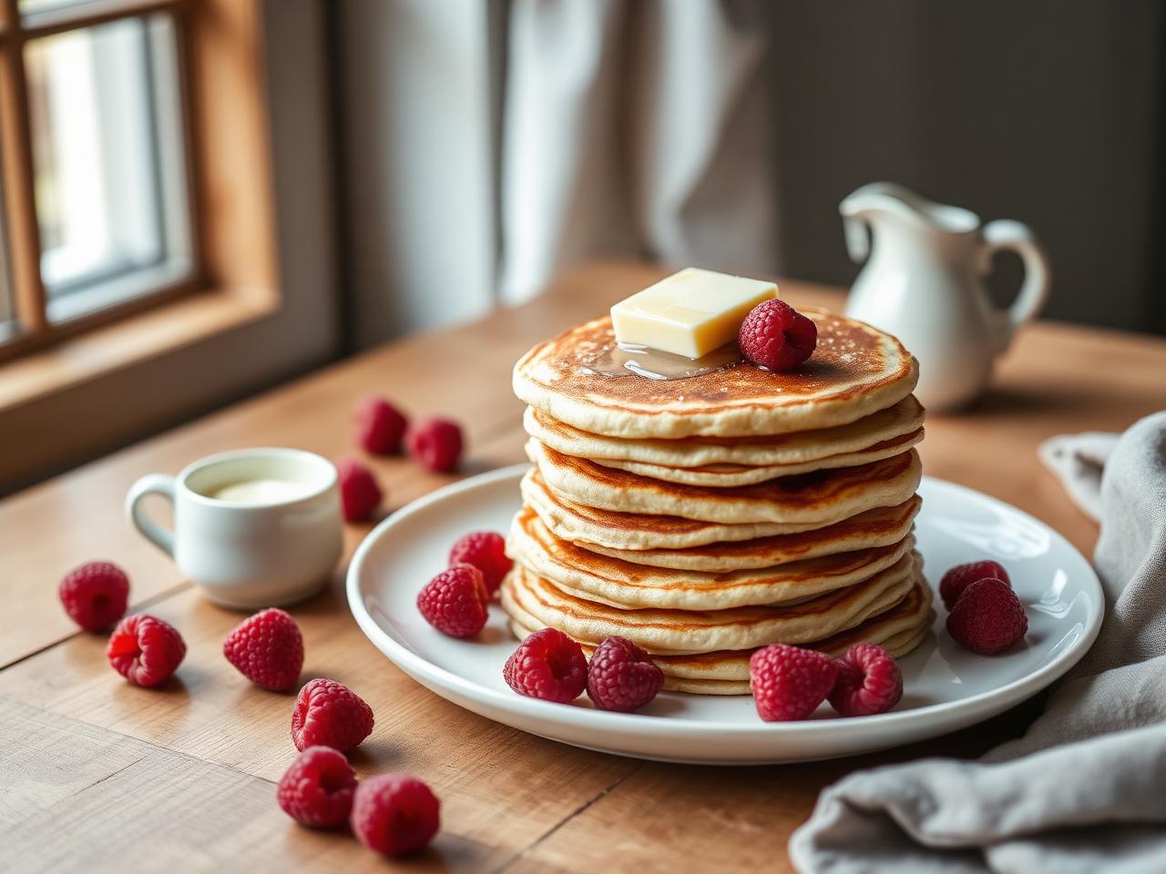 Fluffiga LCHF pannkakor med mandelmjöl, smör och hallon på vit tallrik – keto recept