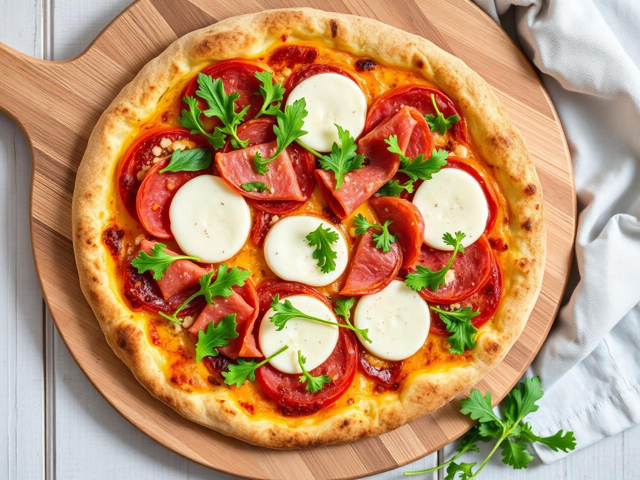 LCHF fathead-pizza med mozzarella, tomat och prosciutto på träbräda – keto recept