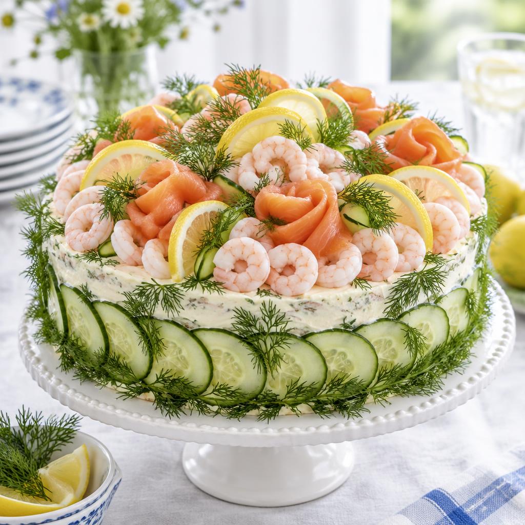 LCHF smörgåstårta dekorerad med räkor, rökt lax, citron, gurka och dill på tårtfat