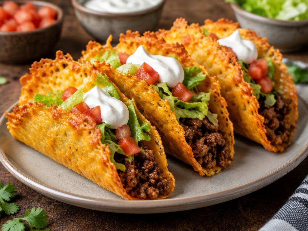 Tacoskal av ost fyllda med köttfärs, sallad, tomat och gräddfil