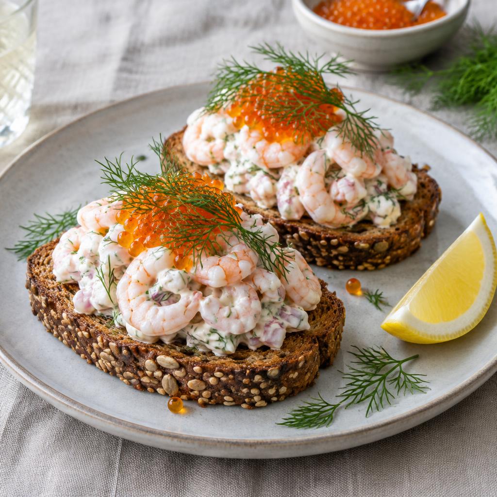 Toast skagen med räkor, dill och rom på rostat fröbröd med citronklyfta