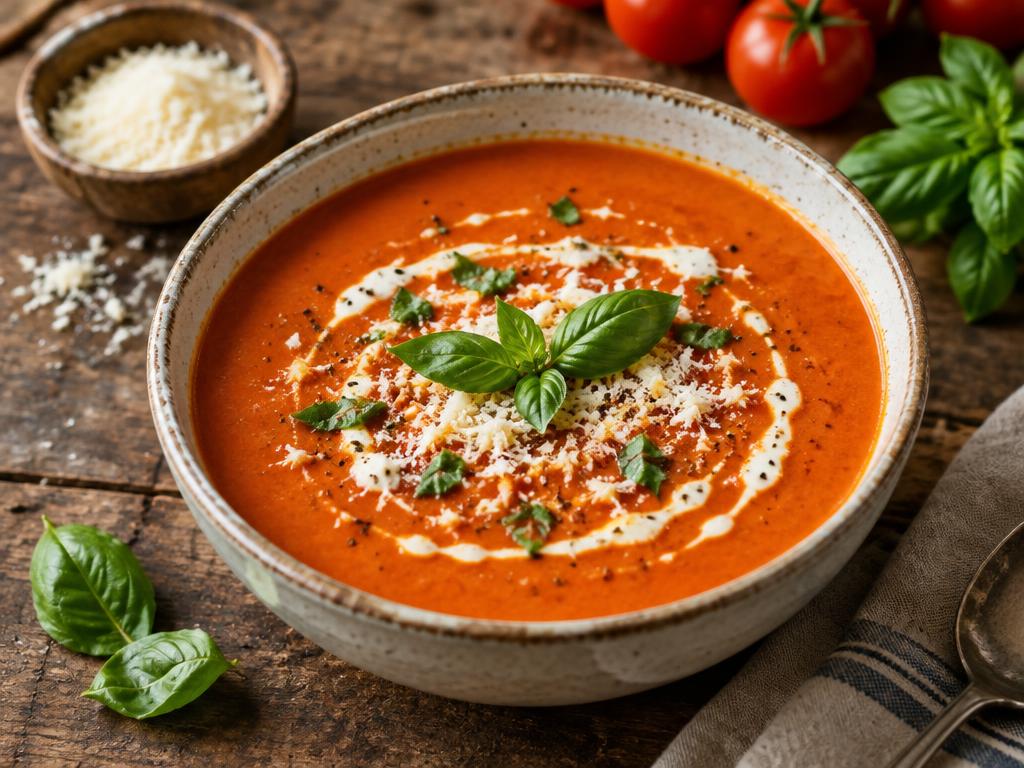 Krämig tomatsoppa med parmesan och basilika i skål
