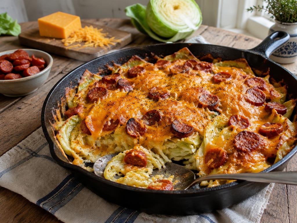 Vitkålsgratäng med chorizo och cheddar i gjutjärnspanna