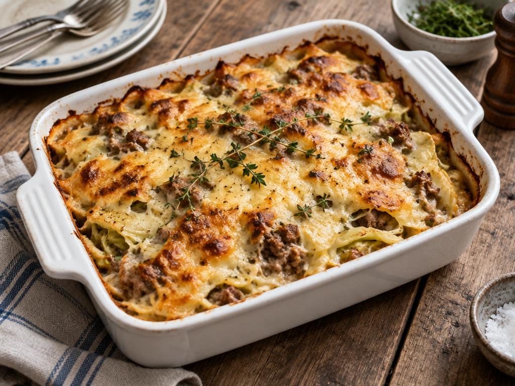 LCHF vitkålsgratäng med köttfärs och gyllene ostlock i vit ugnsform