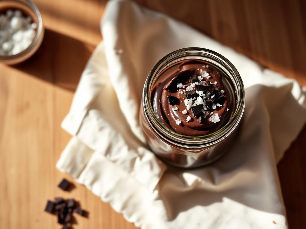 Mörk chokladmousse med flingsalt i glasburk – sockerfri keto LCHF-dessert