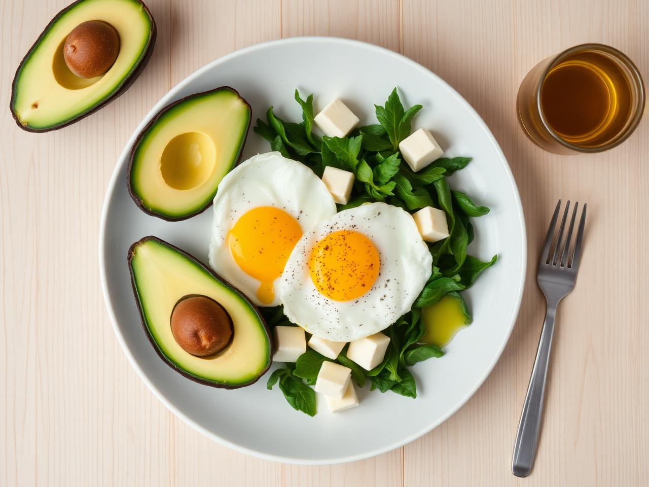 Keto-tallrik med avokado, ägg, ost och gröna blad