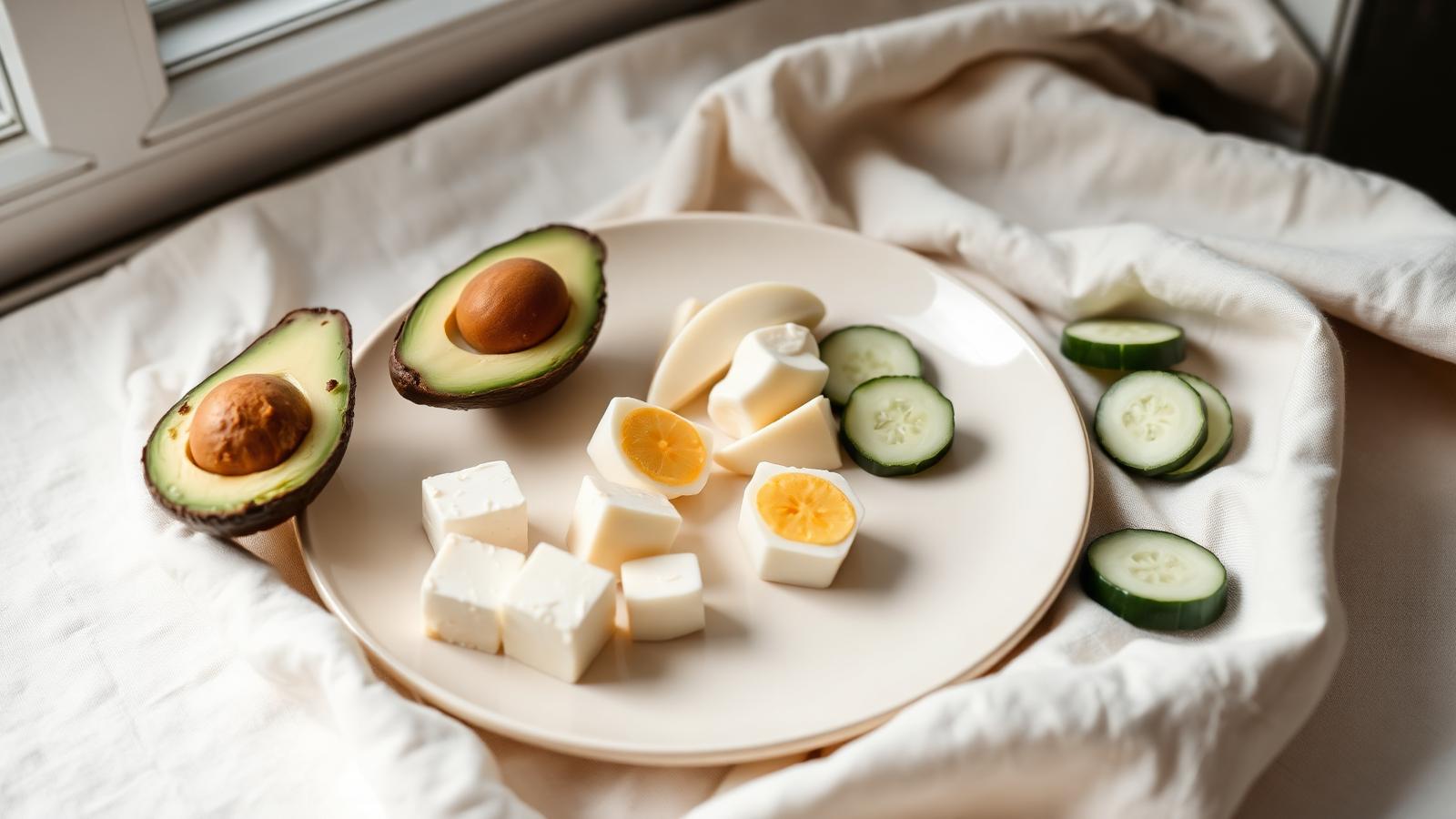 Tallrik med LCHF-mat: avokado, ägg, ost och gurka på cremefärgad linne