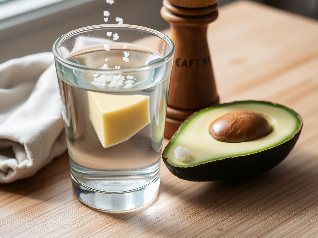 Glas vatten med salt, smör och avokado på ljust trä