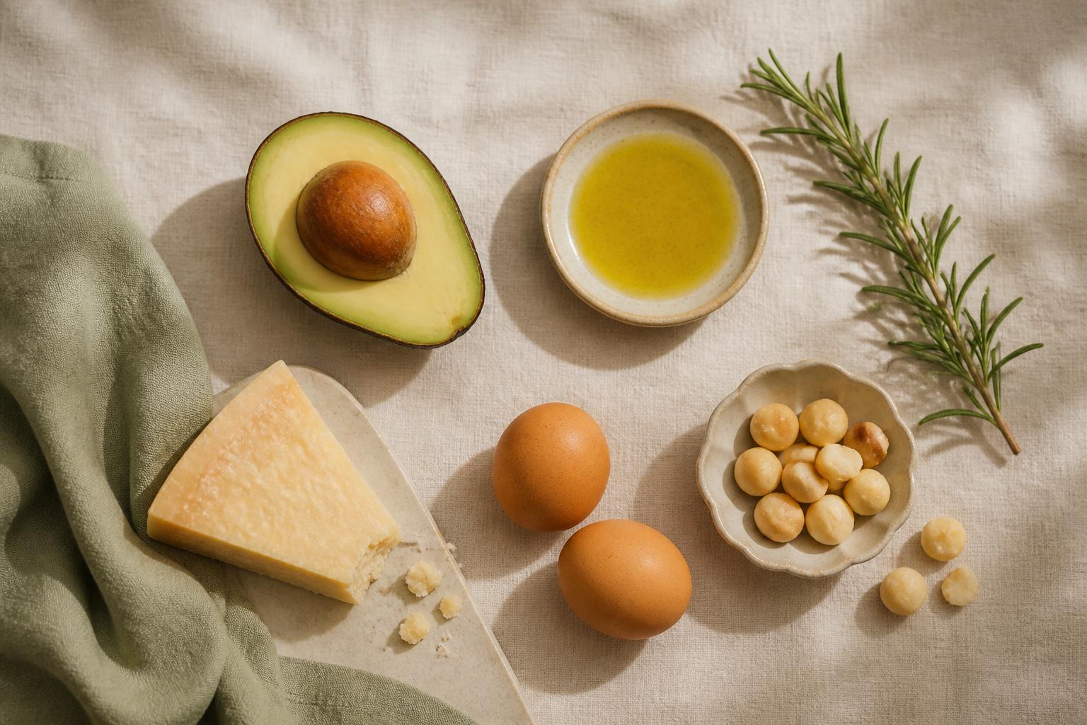 Keto-råvaror ovanifrån: avokado, lax, ägg, smör, olivolja, ost och gröna blad