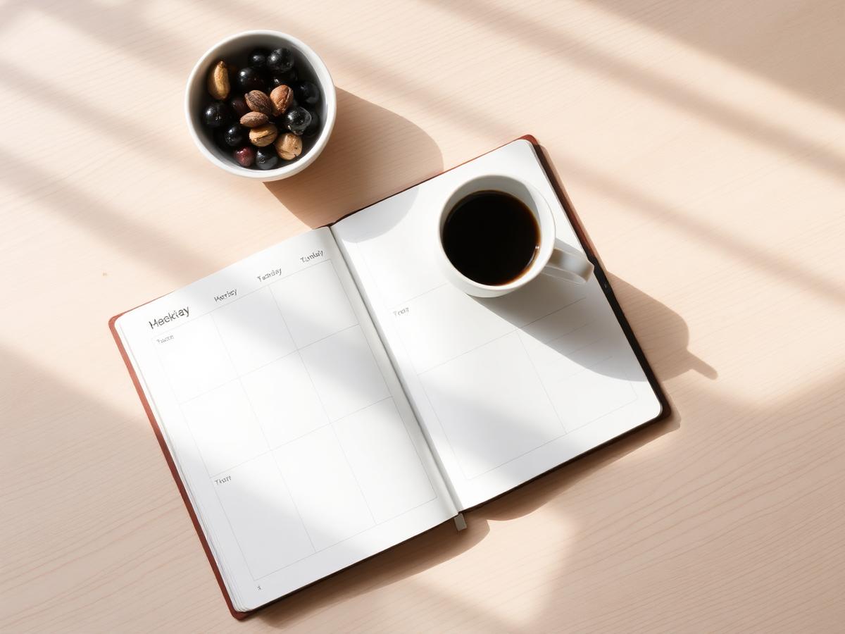 Veckoplaneraren öppen på ett ljust bord med kaffe
